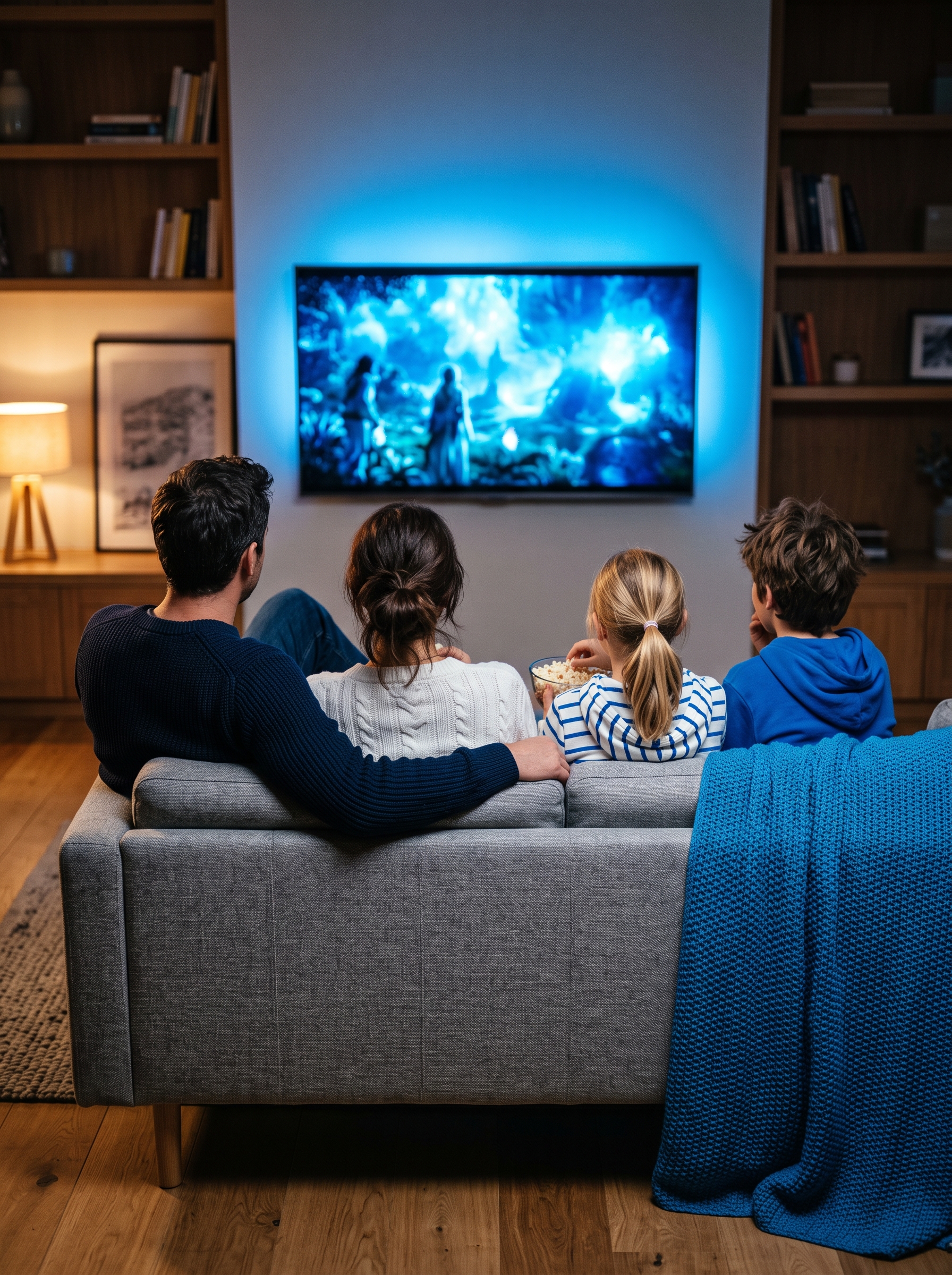Familia assistindo tv com a internet da sti telecom